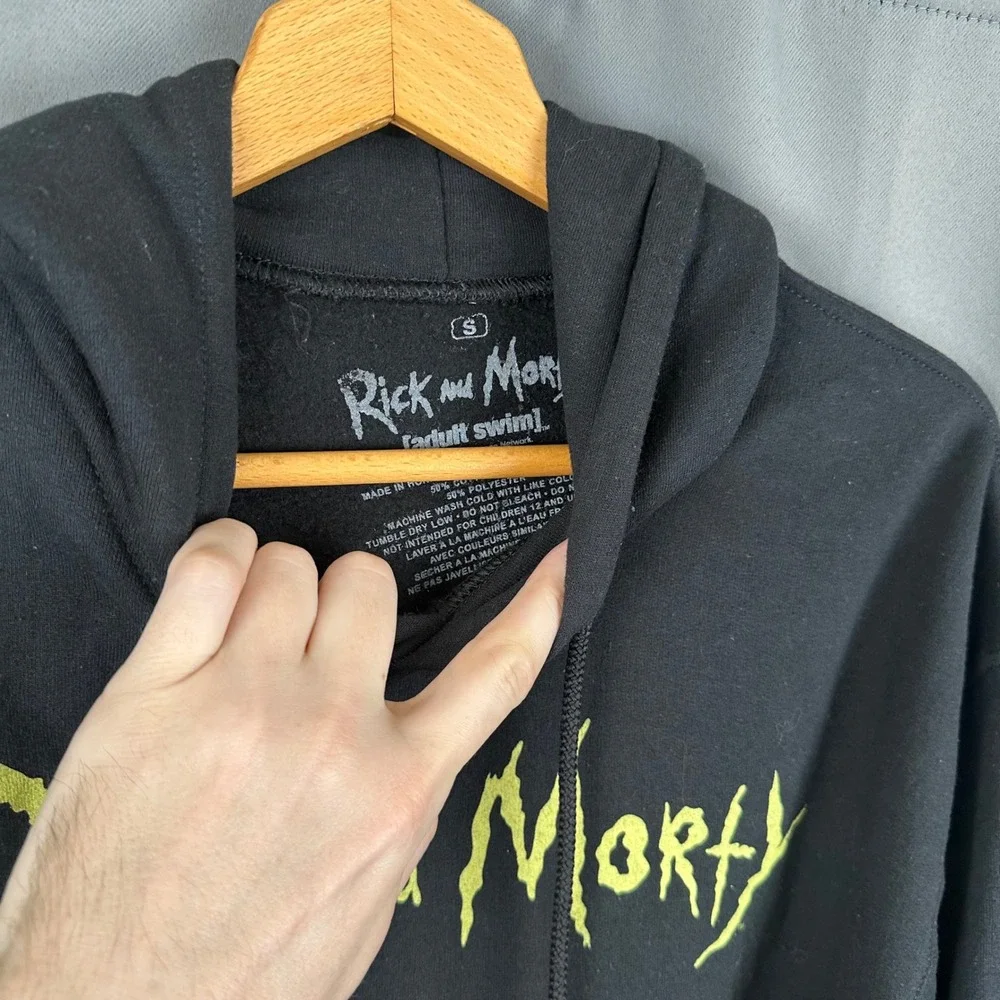 Rick and Morty Adult Swim Graphic Hoodie Black Trippy Back Print Mens Small